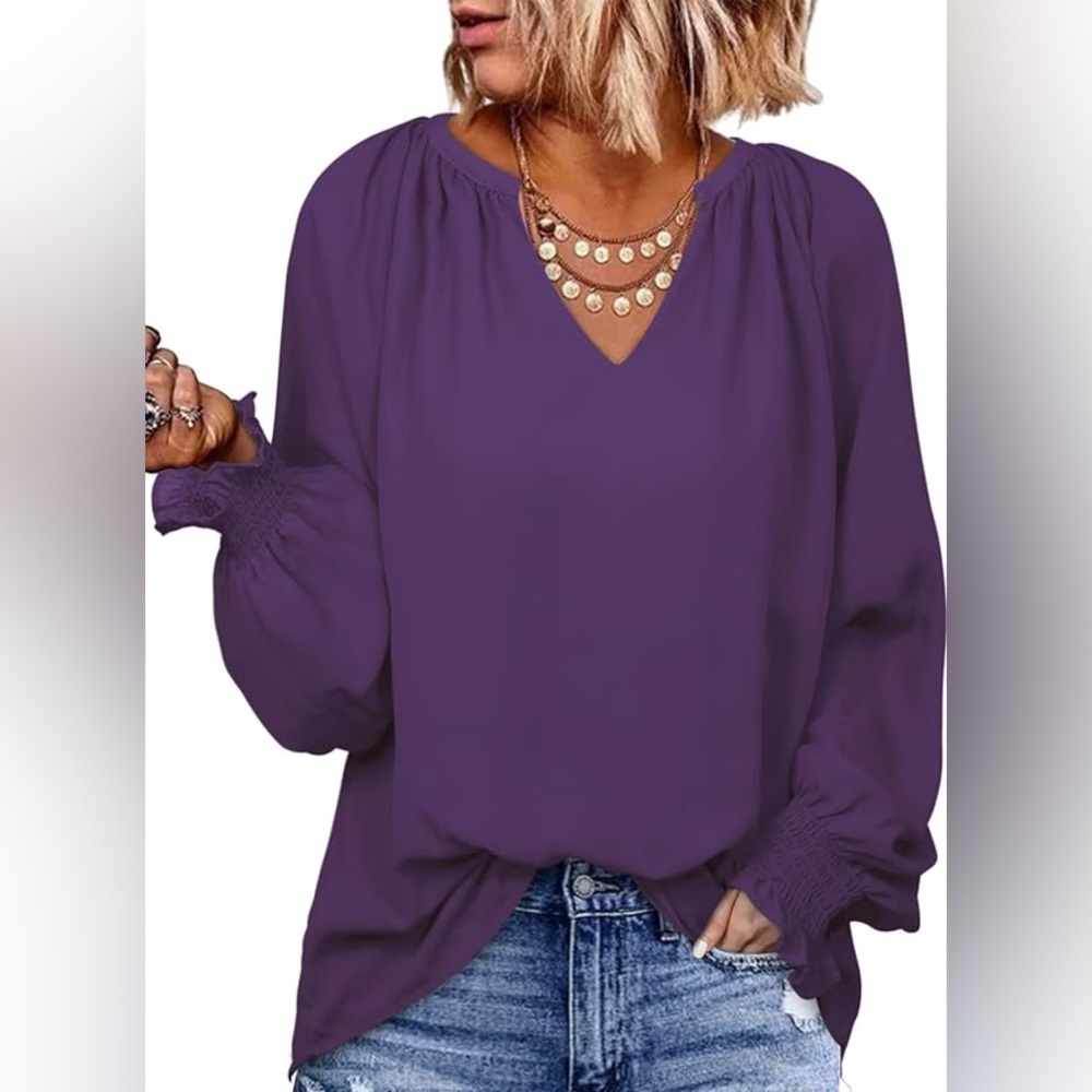 Dokotoo Womens Long Sleeve cuffed, V Neck Casual Chiffon top Dark Purple New